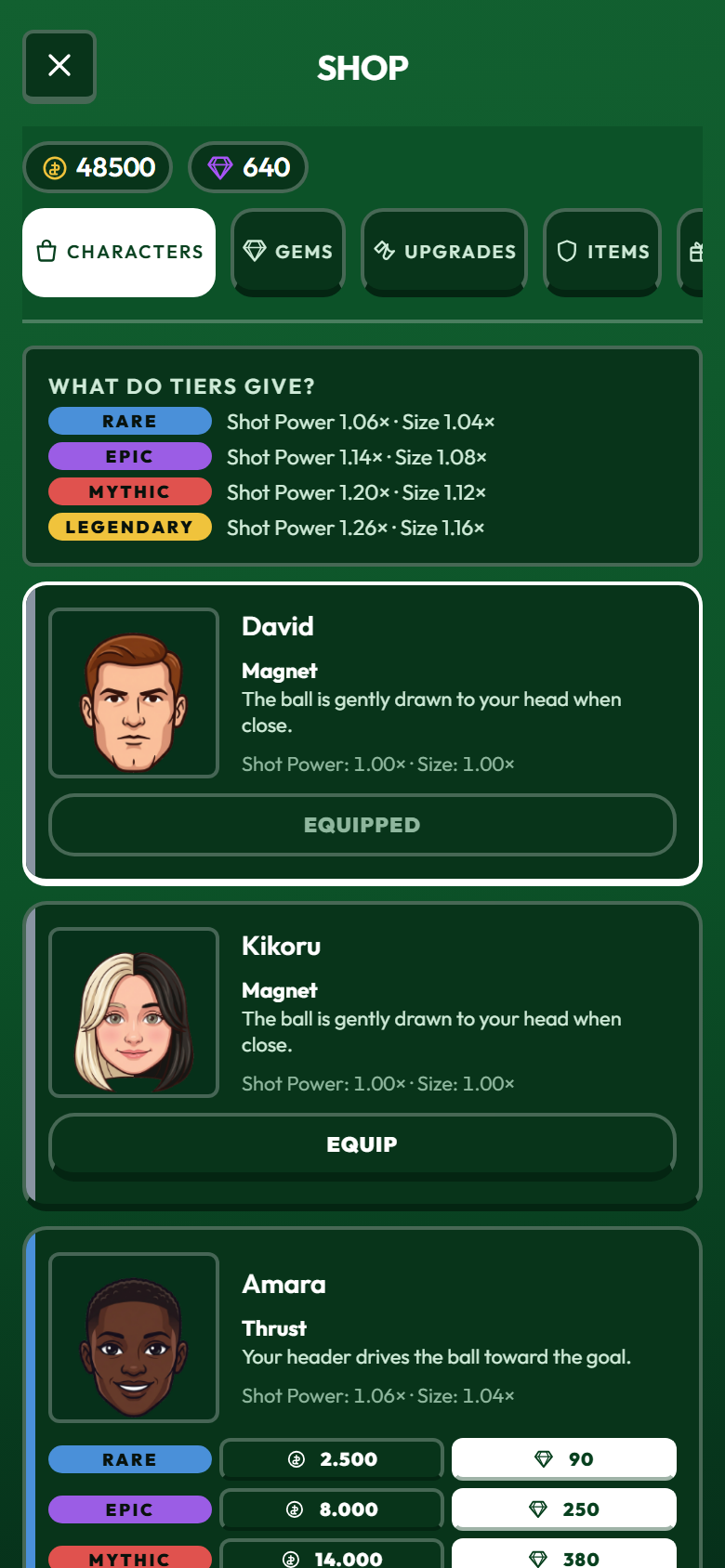 The character shop, with tier stats and a list of players to unlock